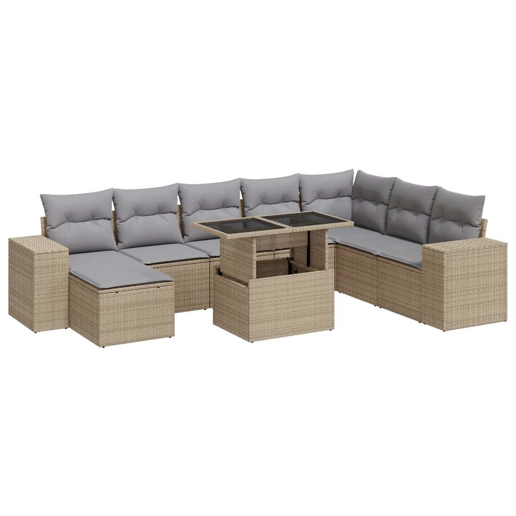 Salon de jardin avec coussins 9 pcs beige résine tressée