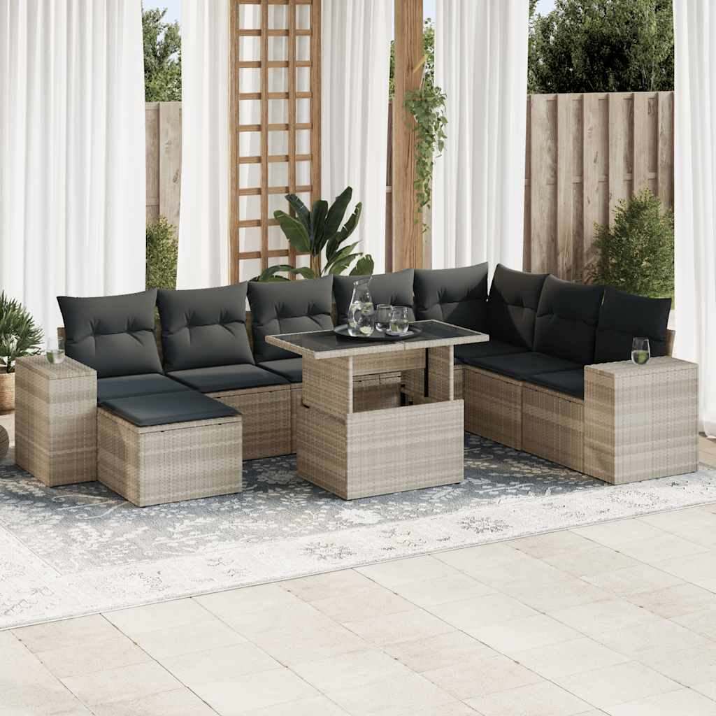 Salon de jardin 9 pcs avec coussins gris clair résine tressée