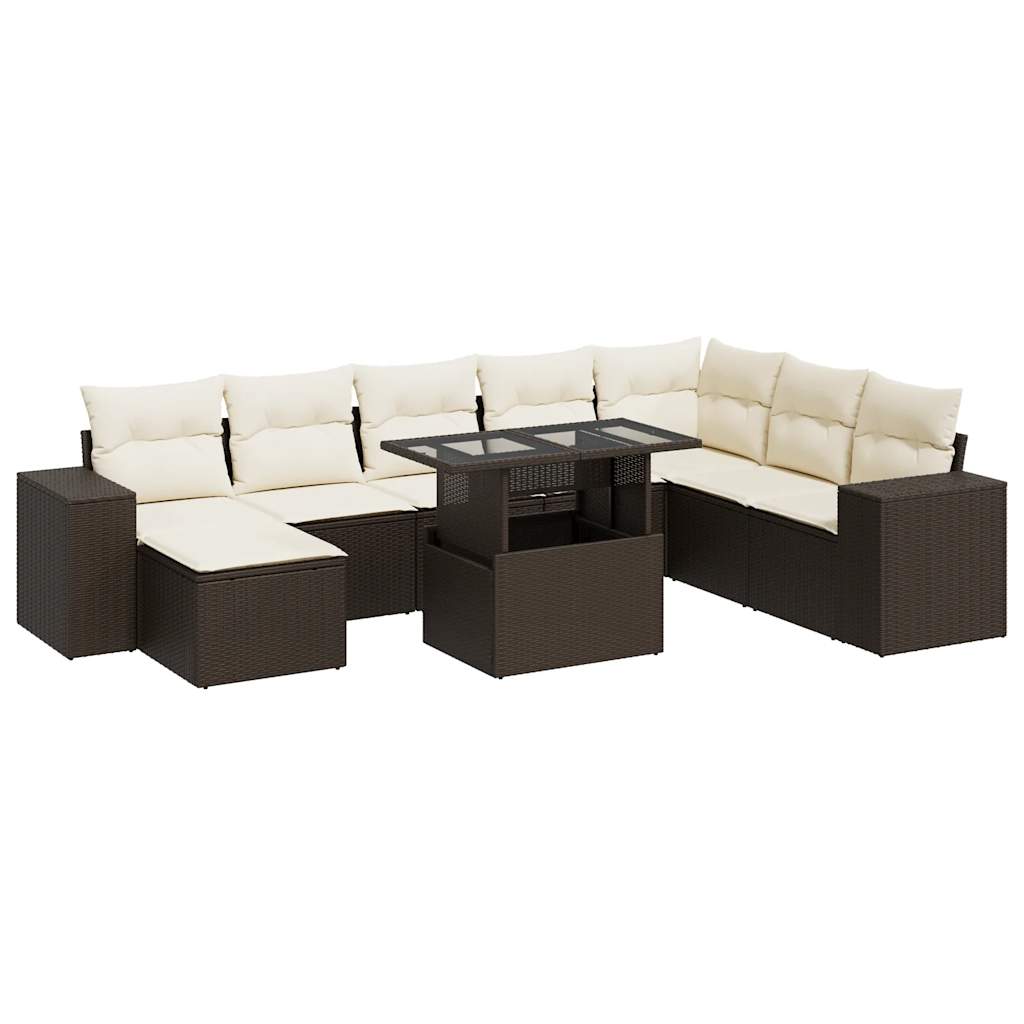 Salon de jardin avec coussins 9 pcs marron résine tressée