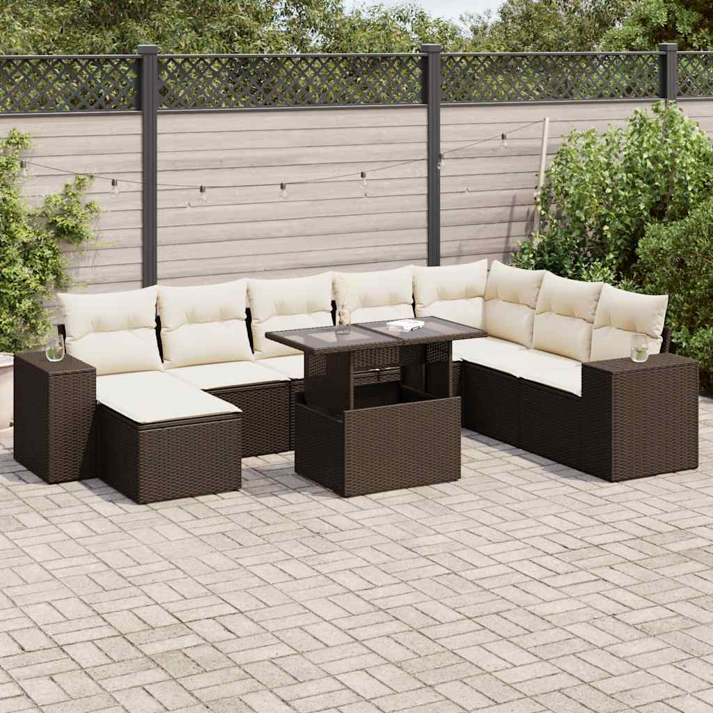 Salon de jardin avec coussins 9 pcs marron résine tressée