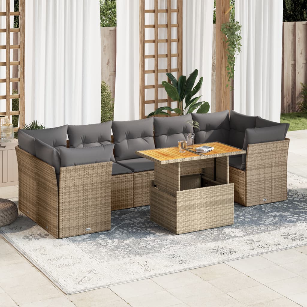 Salon de jardin avec coussins 8 pcs beige résine tressée