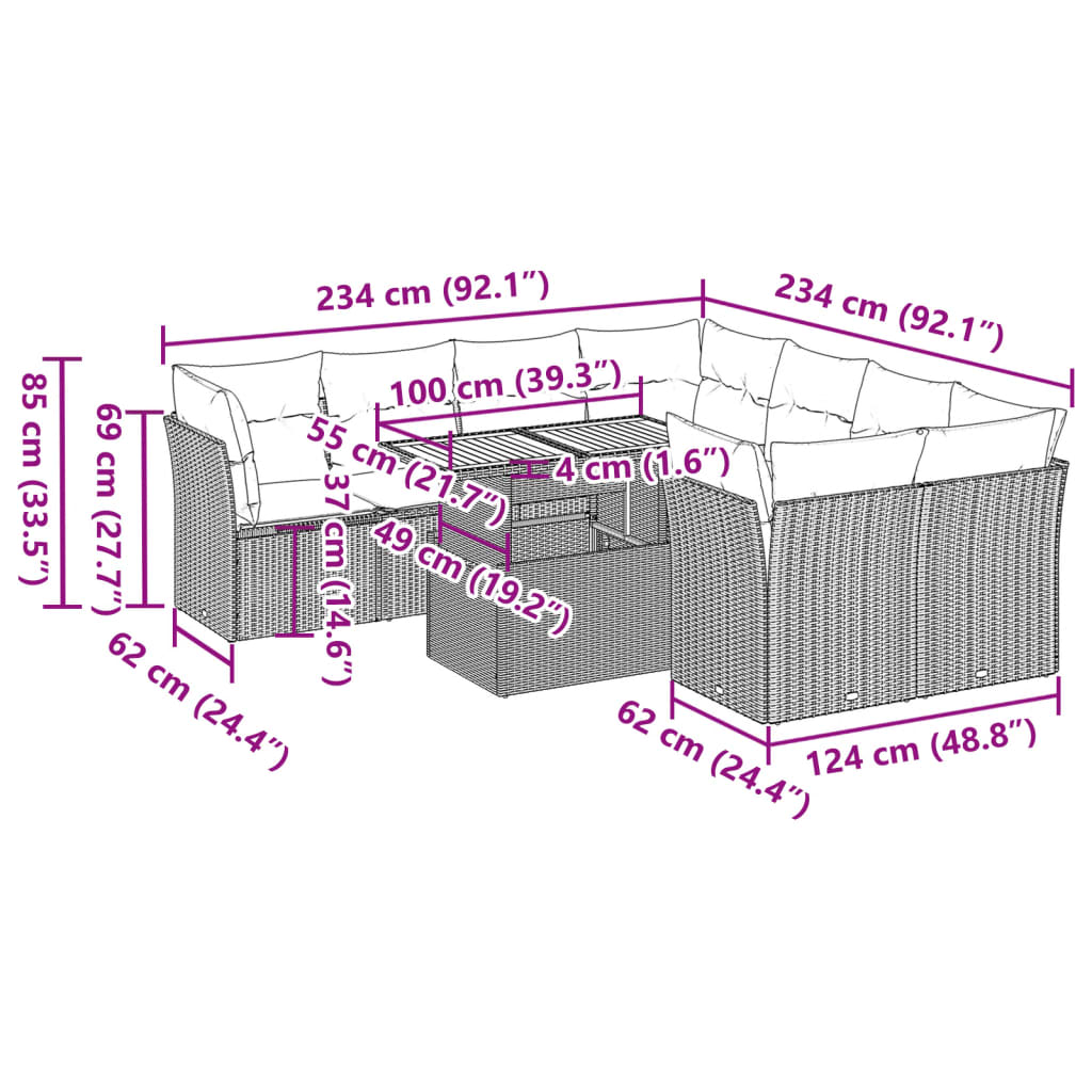 Salon de jardin avec coussins 9 pcs beige résine tressée