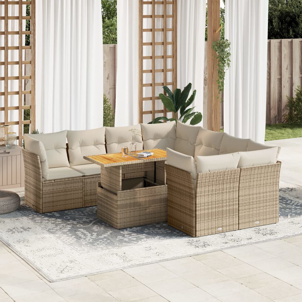 Salon de jardin avec coussins 9 pcs beige résine tressée