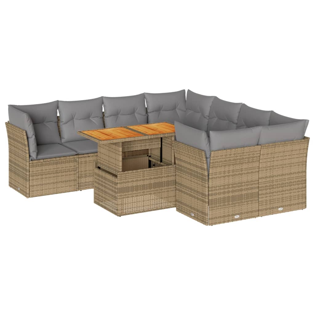 Salon de jardin avec coussins 9 pcs beige résine tressée