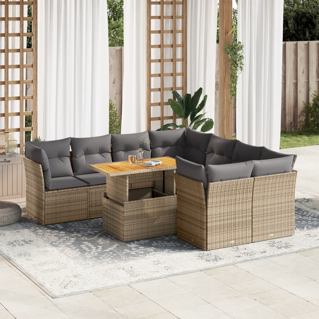 Salon de jardin avec coussins 9 pcs beige résine tressée