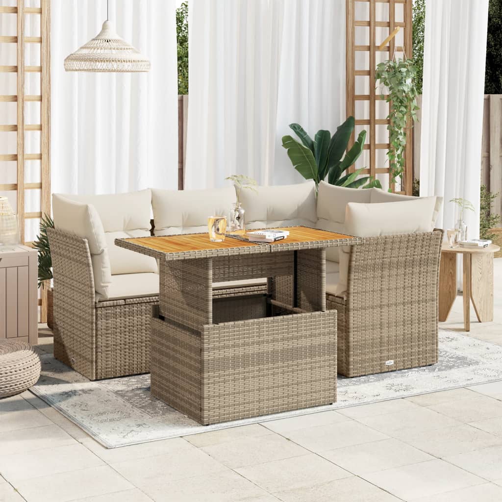 Salon de jardin avec coussins 5 pcs beige résine tressée