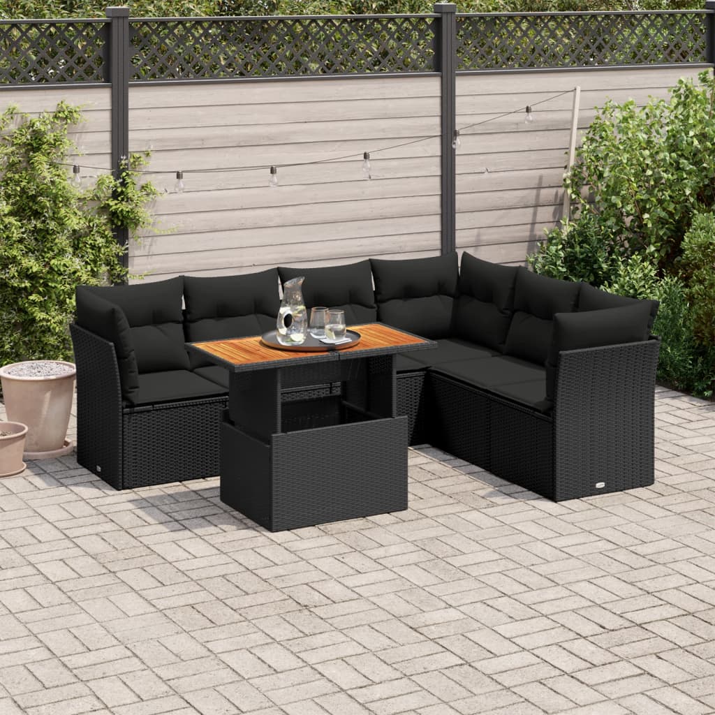 Salon de jardin 7 pcs avec coussins noir résine tressée