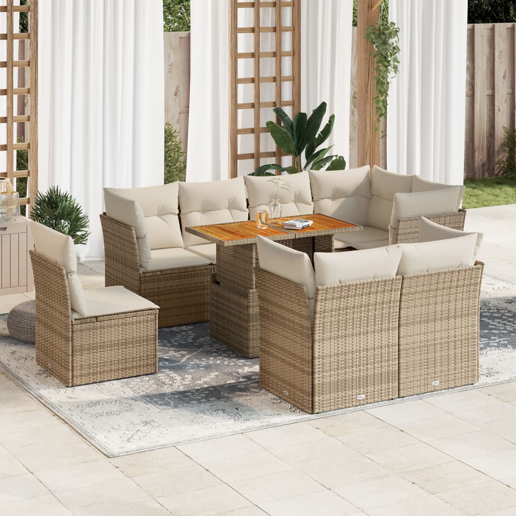 Salon de jardin avec coussins 9 pcs beige résine tressée