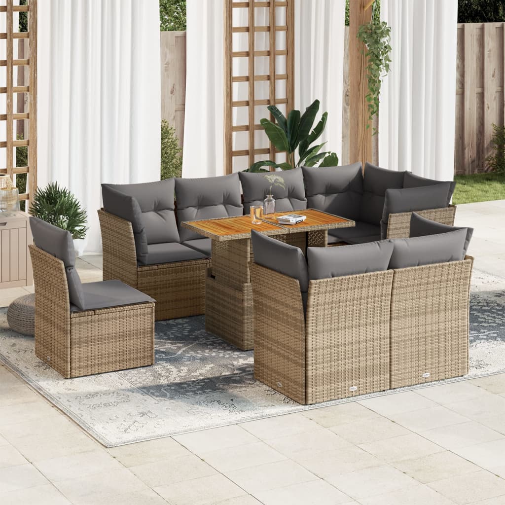 Salon de jardin avec coussins 9 pcs beige résine tressée