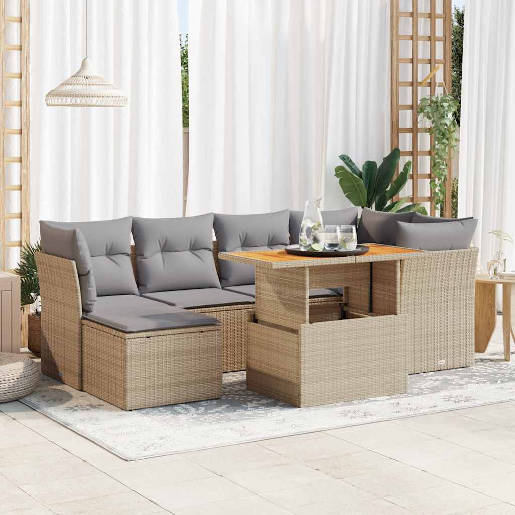 Salon de jardin avec coussins 7 pcs beige résine tressée