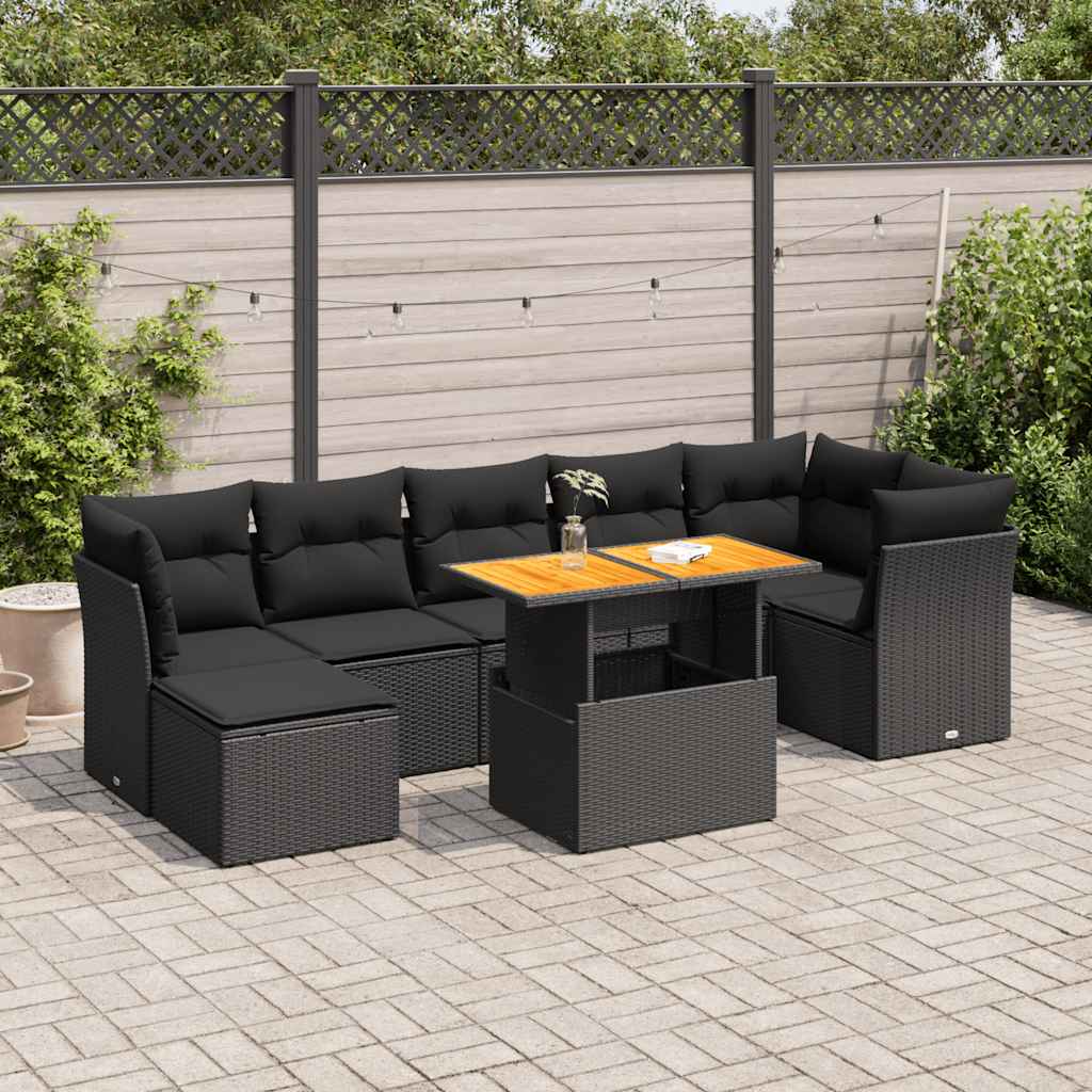 Salon de jardin 8 pcs avec coussins noir résine tressée