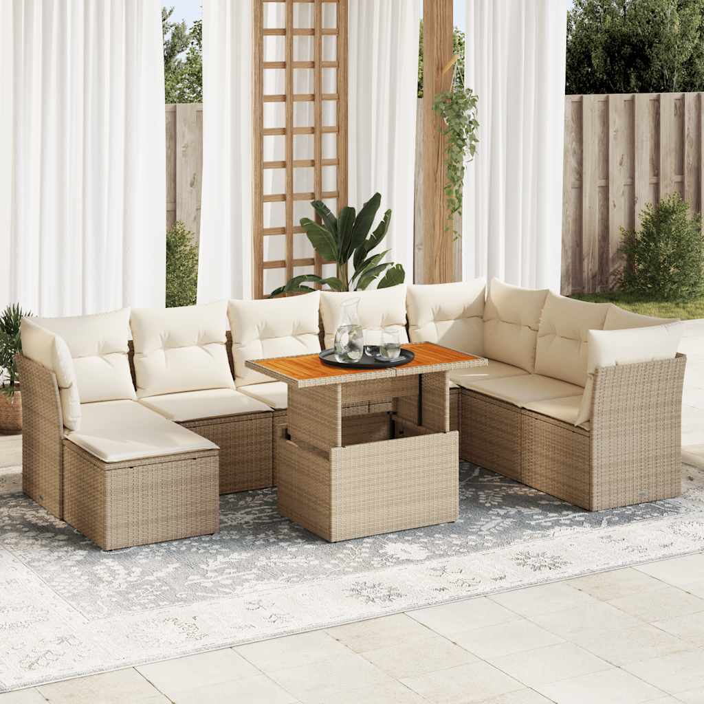 Salon de jardin avec coussins 9 pcs beige résine tressée