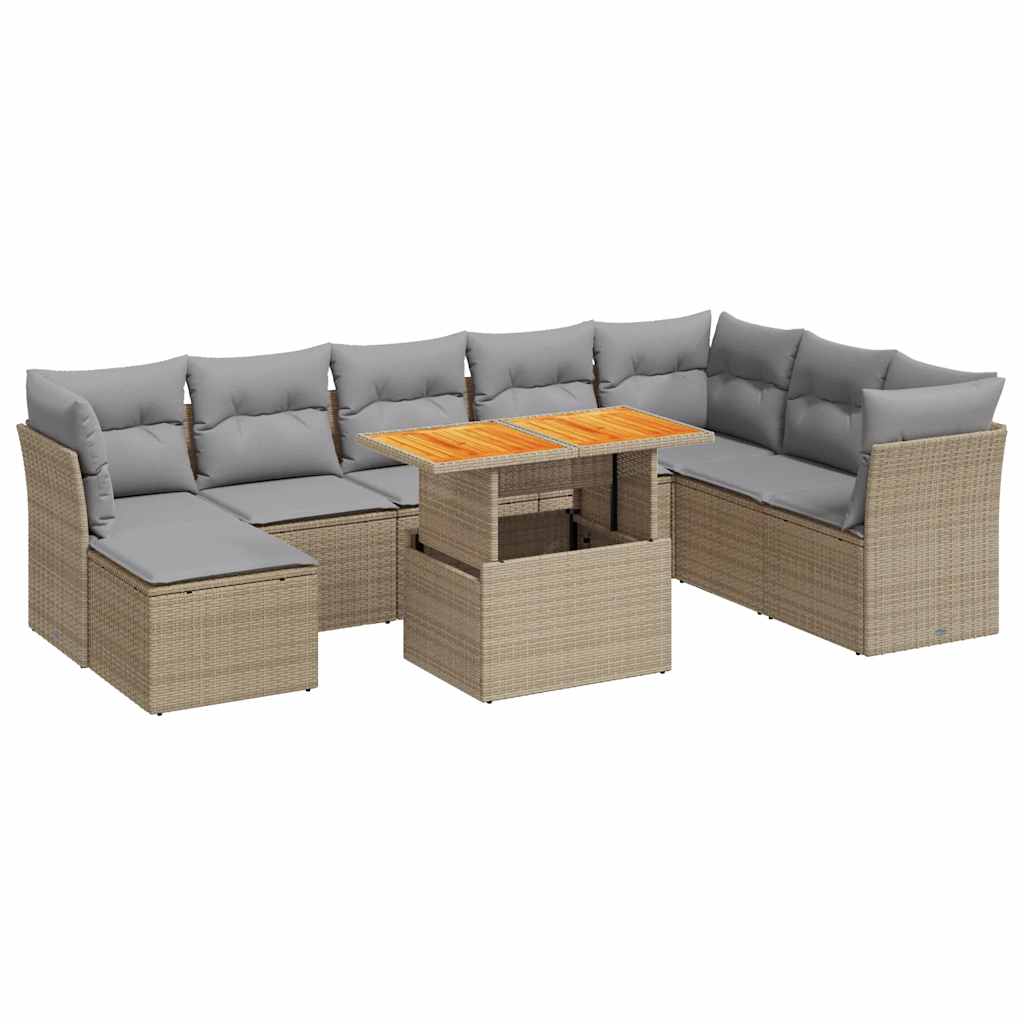 Salon de jardin avec coussins 9 pcs beige résine tressée