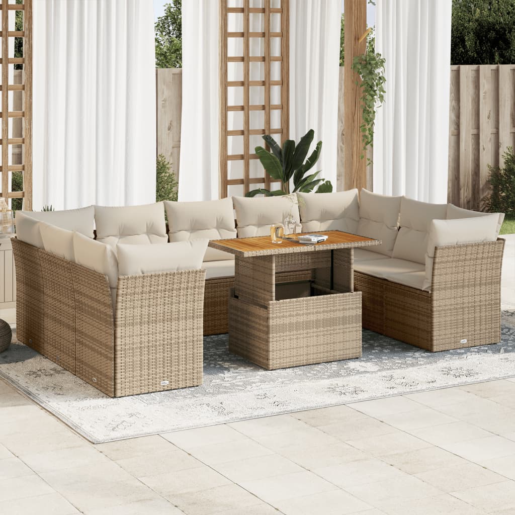 Salon de jardin avec coussins 10 pcs beige résine tressée