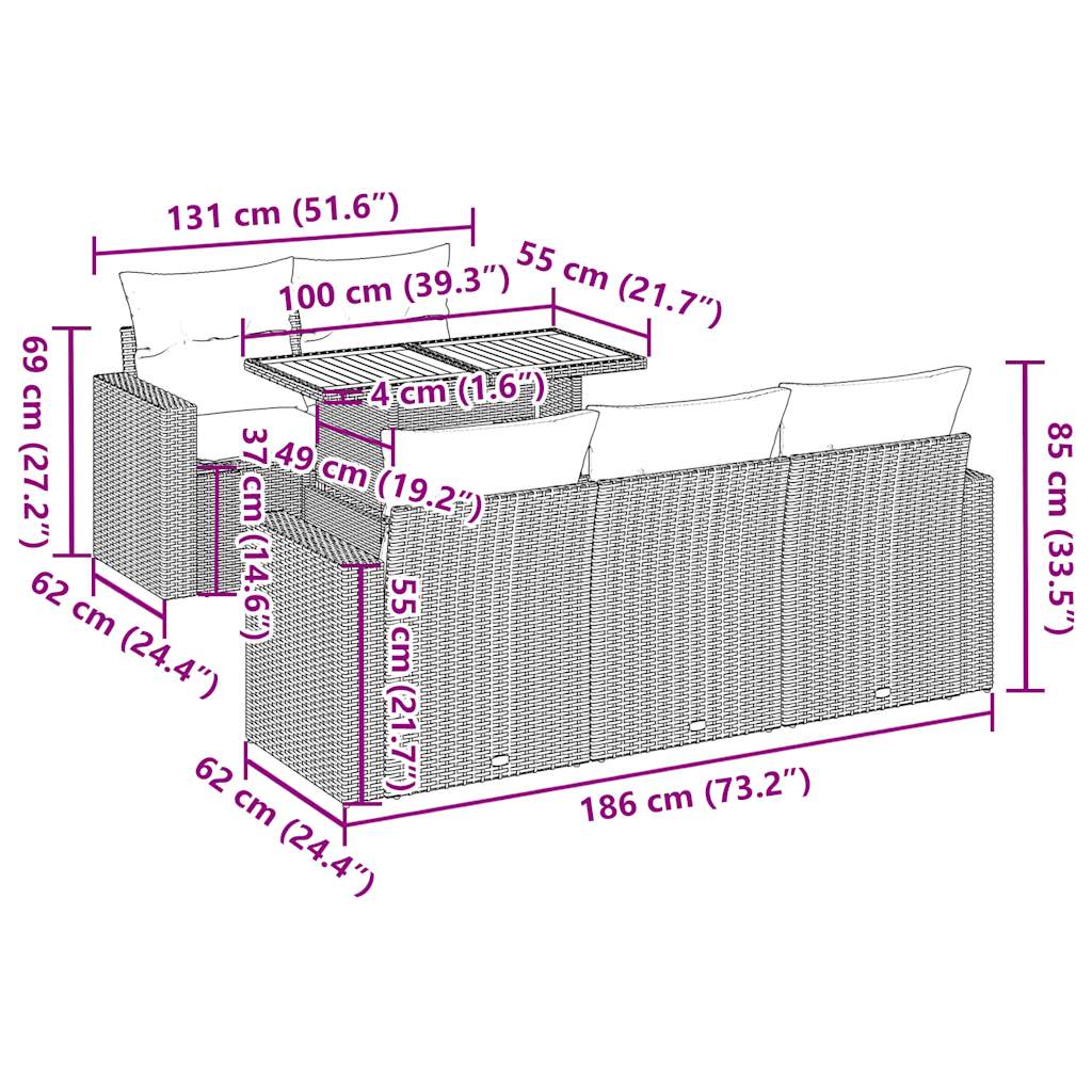 Salon de jardin 6 pcs avec coussins gris résine tressée