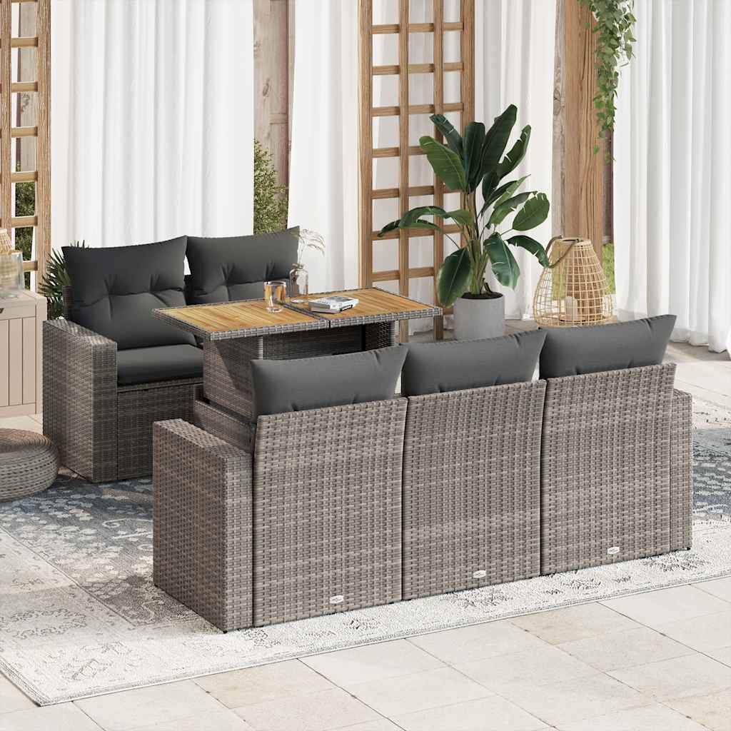 Salon de jardin 6 pcs avec coussins gris résine tressée