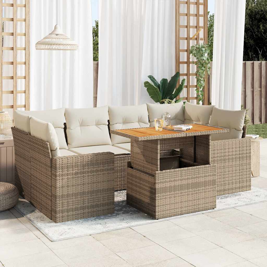 Salon de jardin avec coussins 7 pcs beige résine tressée