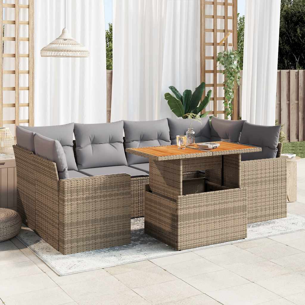 Salon de jardin avec coussins 7 pcs beige résine tressée