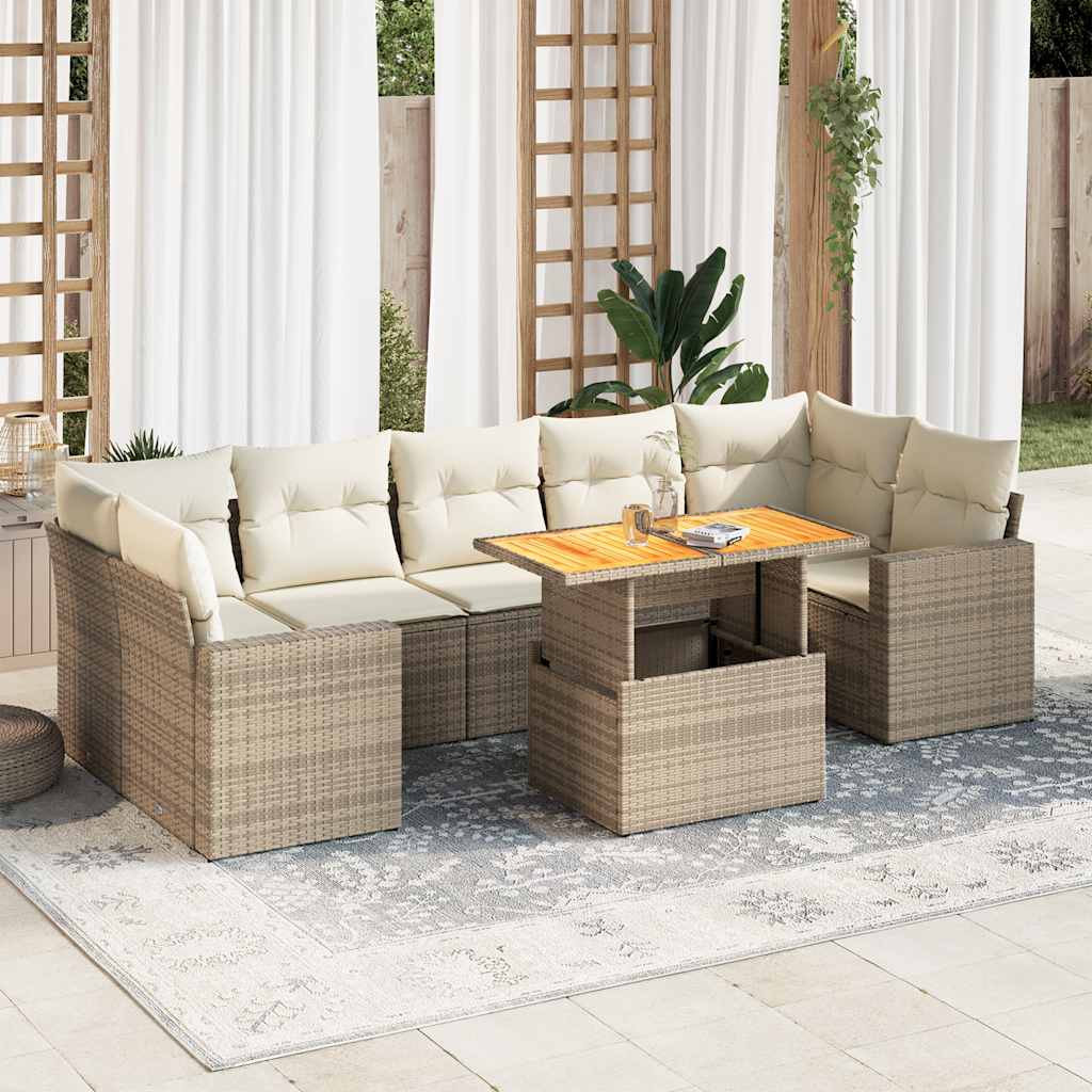 Salon de jardin avec coussins 8 pcs beige résine tressée