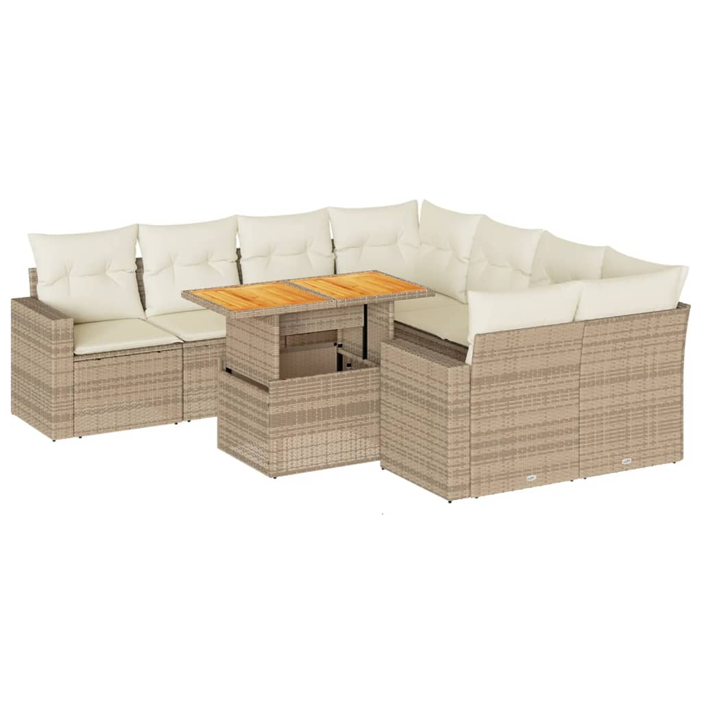 Salon de jardin avec coussins 9 pcs beige résine tressée