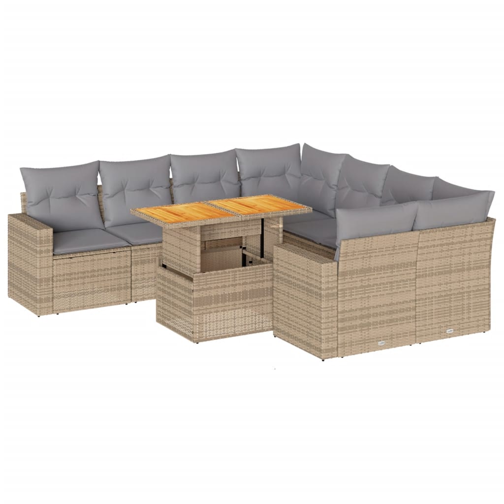 Salon de jardin avec coussins 9 pcs beige résine tressée