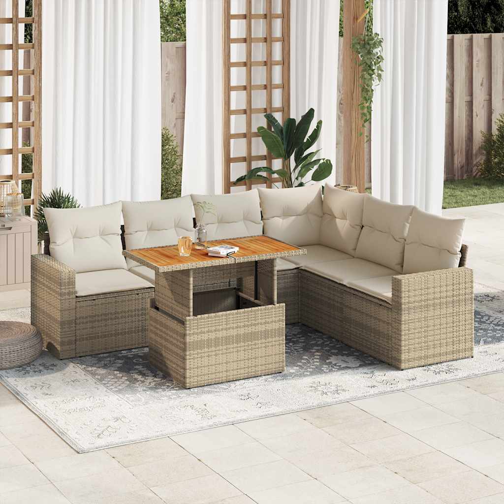 Salon de jardin avec coussins 7 pcs beige résine tressée