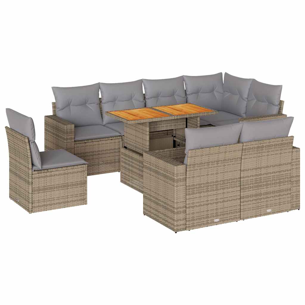 Salon de jardin avec coussins 9 pcs beige résine tressée