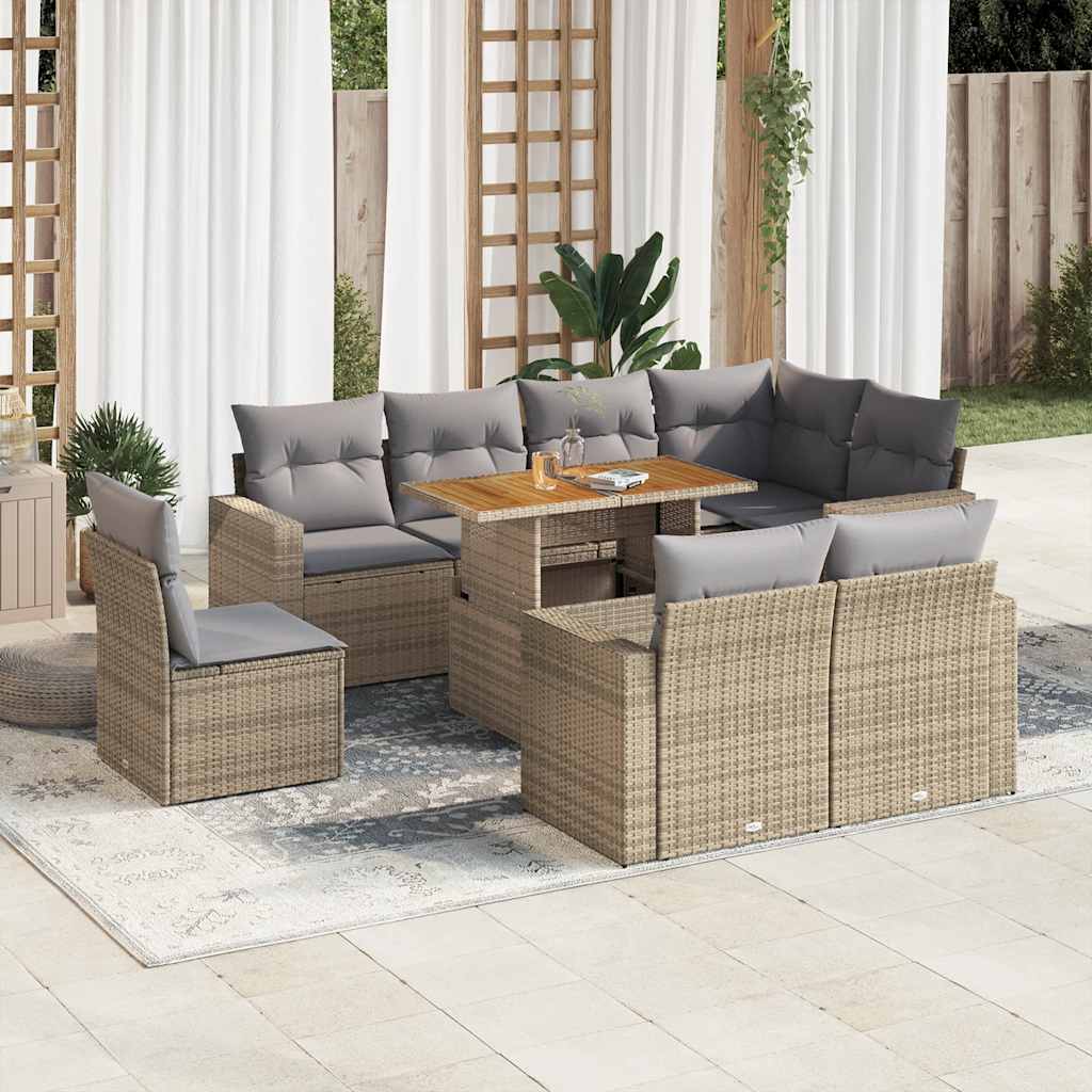 Salon de jardin avec coussins 9 pcs beige résine tressée