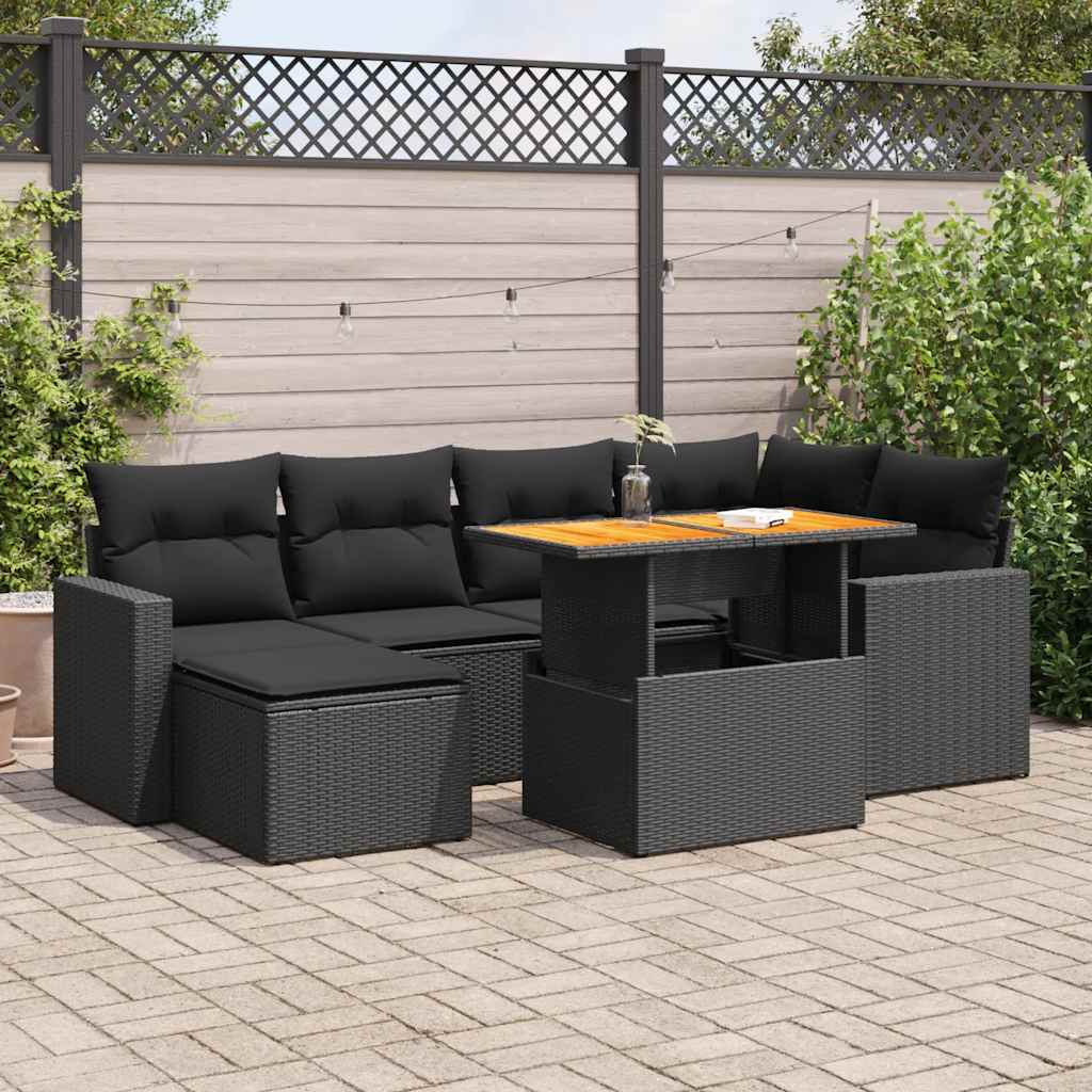 Salon de jardin 7 pcs avec coussins noir résine tressée