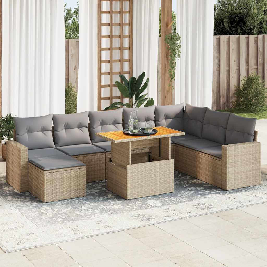 Salon de jardin avec coussins 9 pcs beige résine tressée