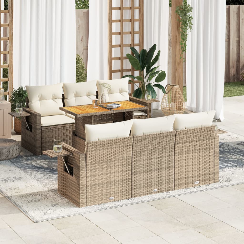 Salon de jardin avec coussins 7 pcs beige résine tressée