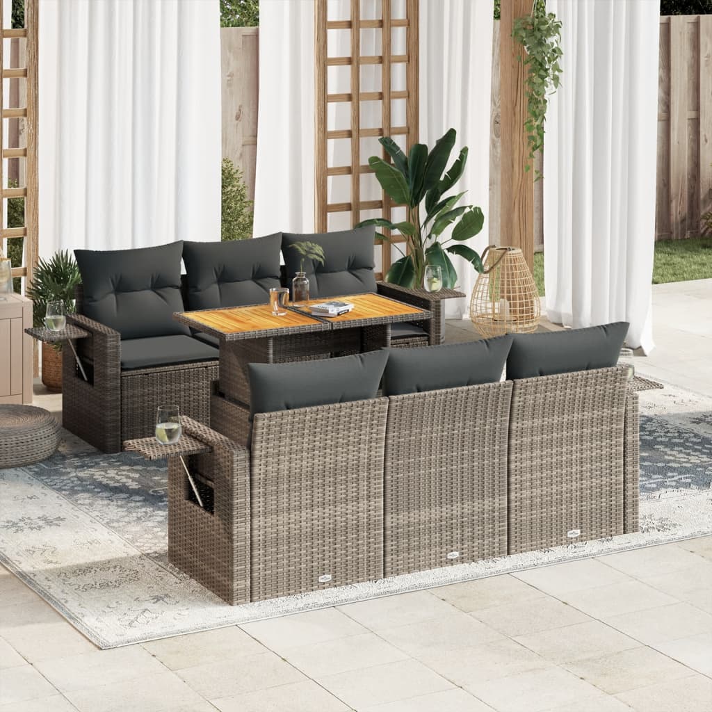 Salon de jardin avec coussins 7 pcs gris résine tressée