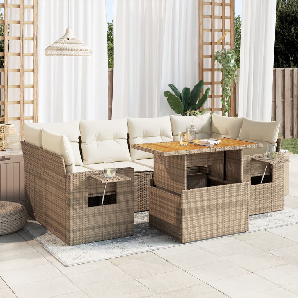 Salon de jardin avec coussins 7 pcs beige résine tressée