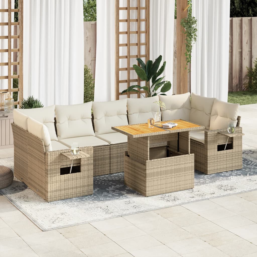 Salon de jardin avec coussins 8 pcs beige résine tressée