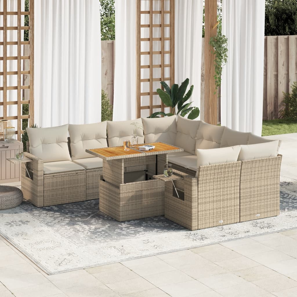 Salon de jardin avec coussins 9 pcs beige résine tressée