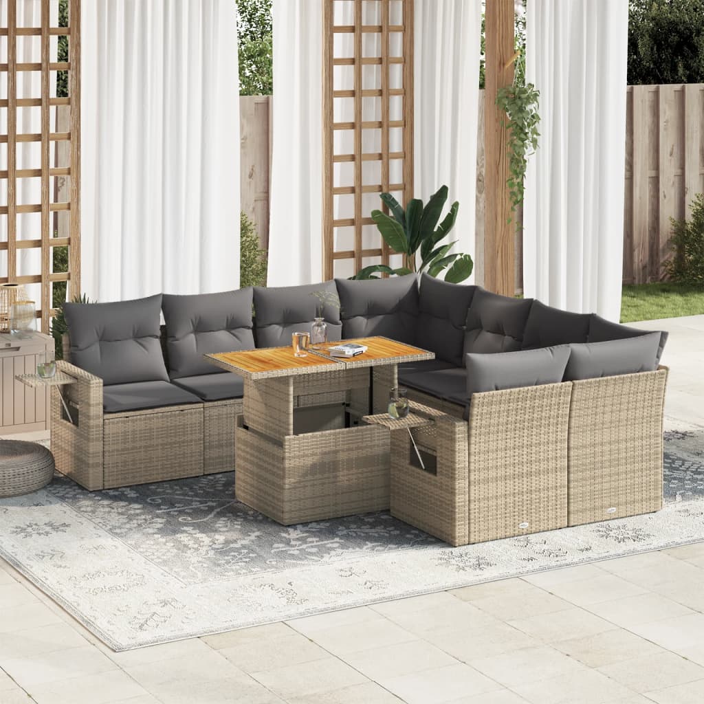 Salon de jardin avec coussins 9 pcs beige résine tressée