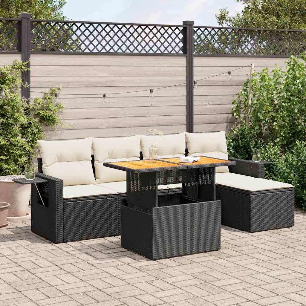 Salon de jardin 6 pcs avec coussins noir résine tressée