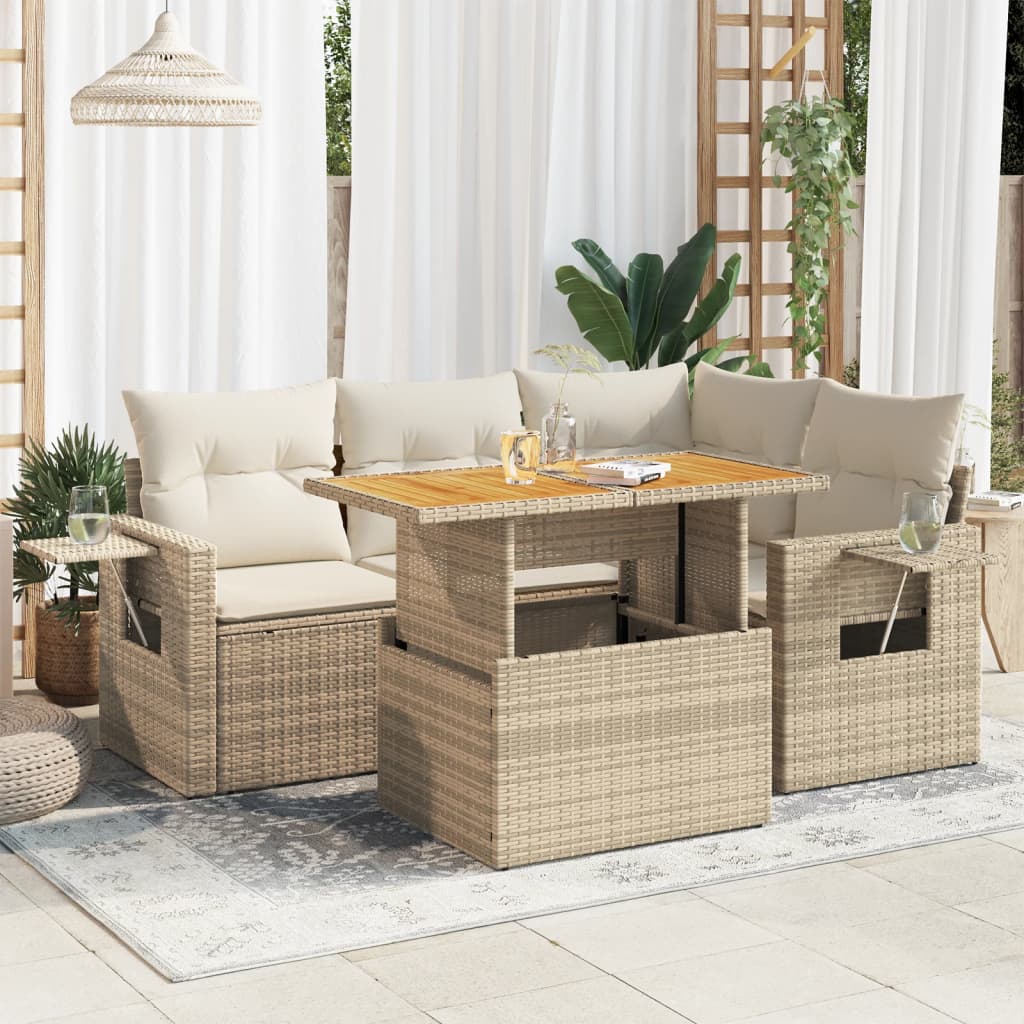 Salon de jardin avec coussins 5 pcs beige résine tressée