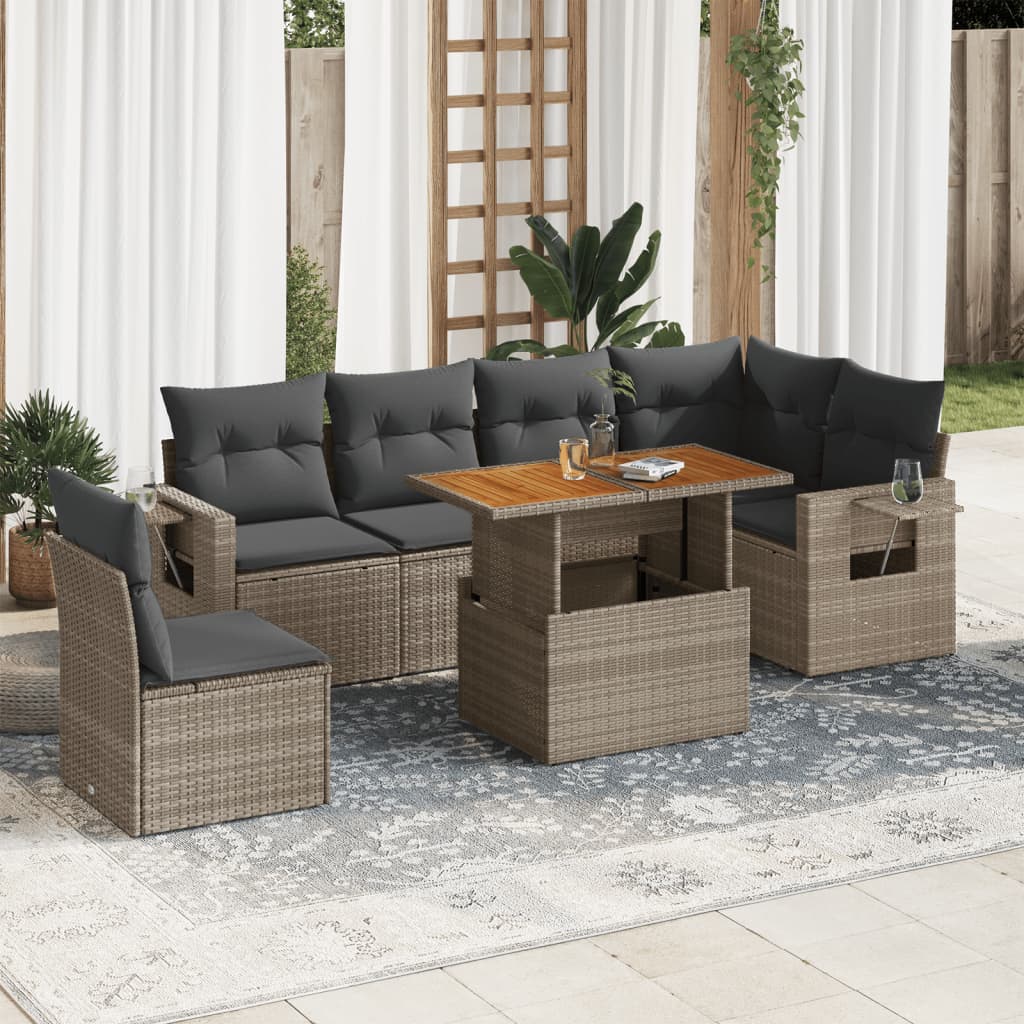 Salon de jardin avec coussins 7 pcs gris résine tressée