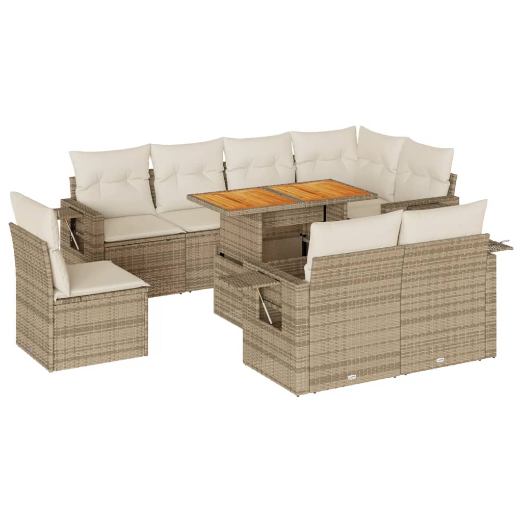 Salon de jardin avec coussins 9 pcs beige résine tressée