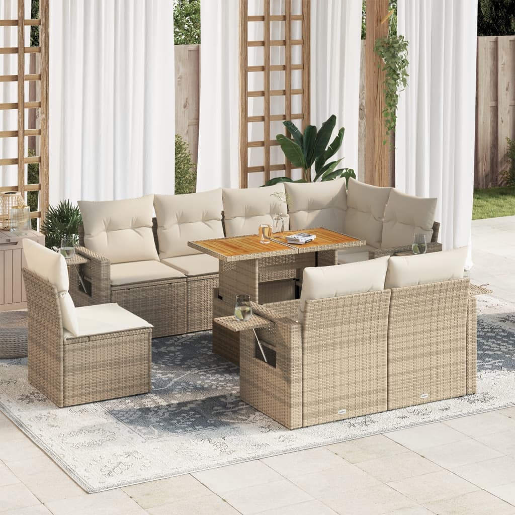 Salon de jardin avec coussins 9 pcs beige résine tressée