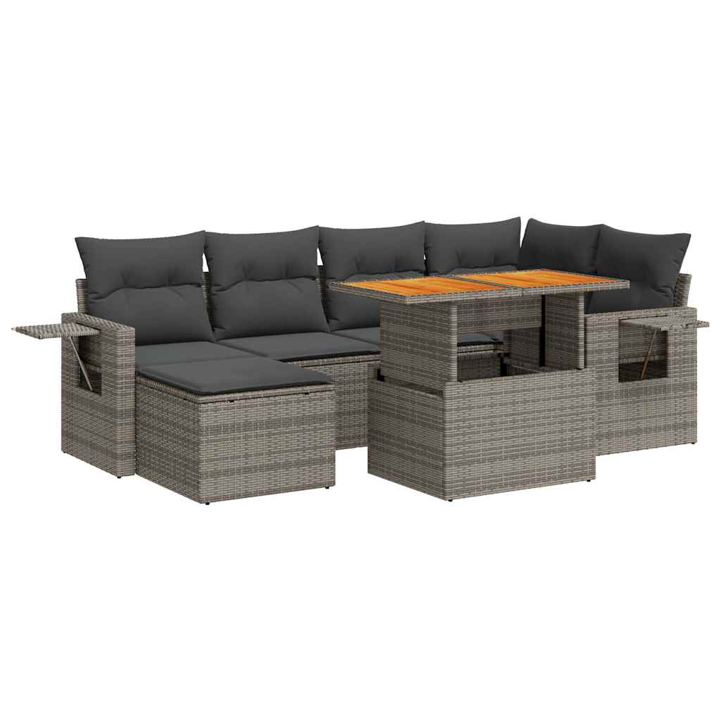 Salon de jardin avec coussins 7 pcs gris résine tressée