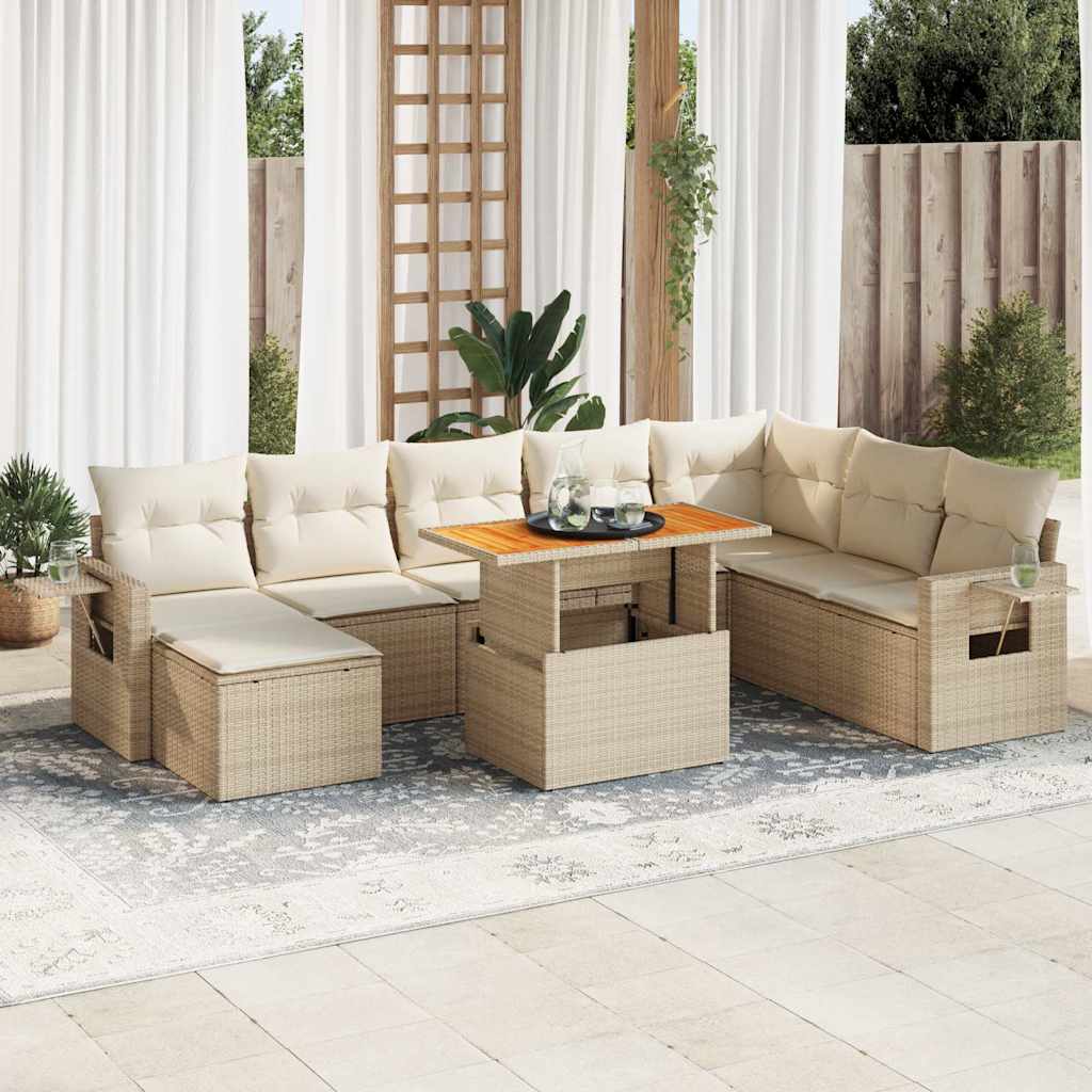 Salon de jardin avec coussins 9 pcs beige résine tressée