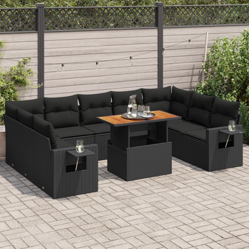 Salon de jardin 10 pcs avec coussins noir résine tressée