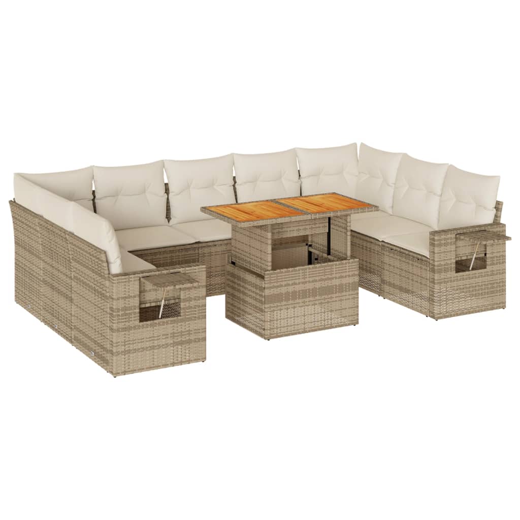 Salon de jardin avec coussins 10 pcs beige résine tressée