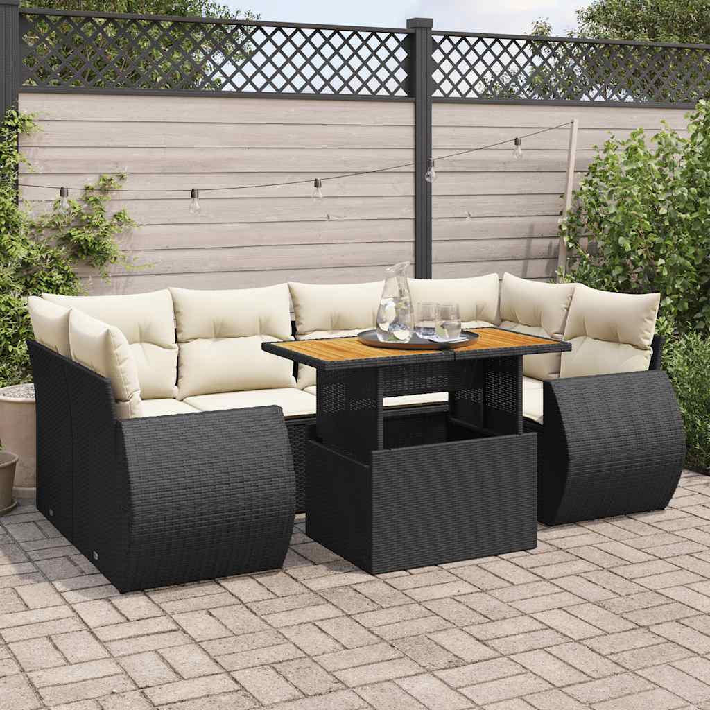 Salon de jardin 7 pcs avec coussins noir résine tressée