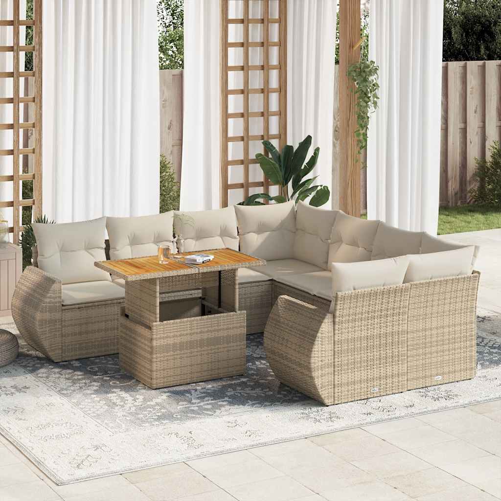 Salon de jardin avec coussins 9 pcs beige résine tressée