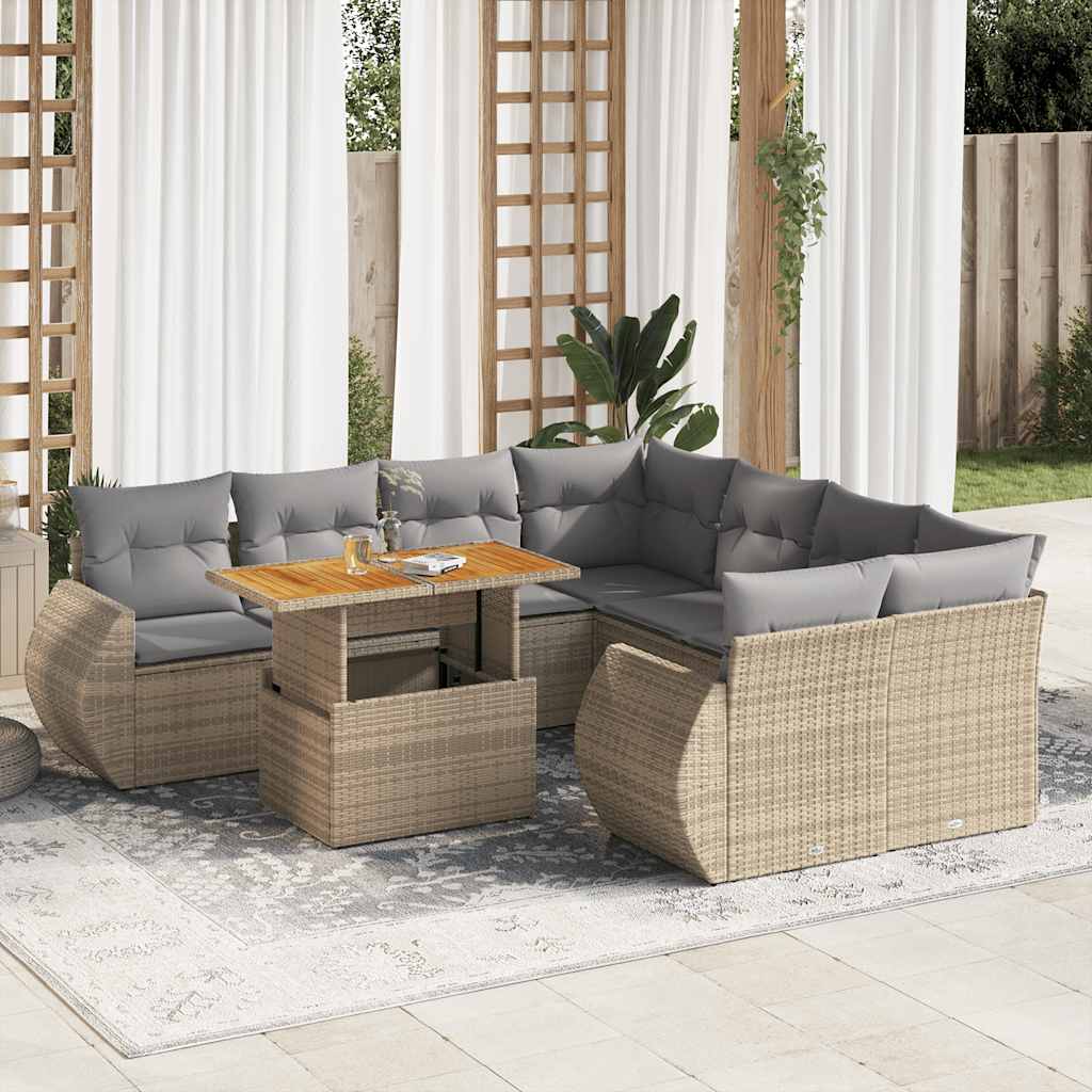 Salon de jardin avec coussins 9 pcs beige résine tressée