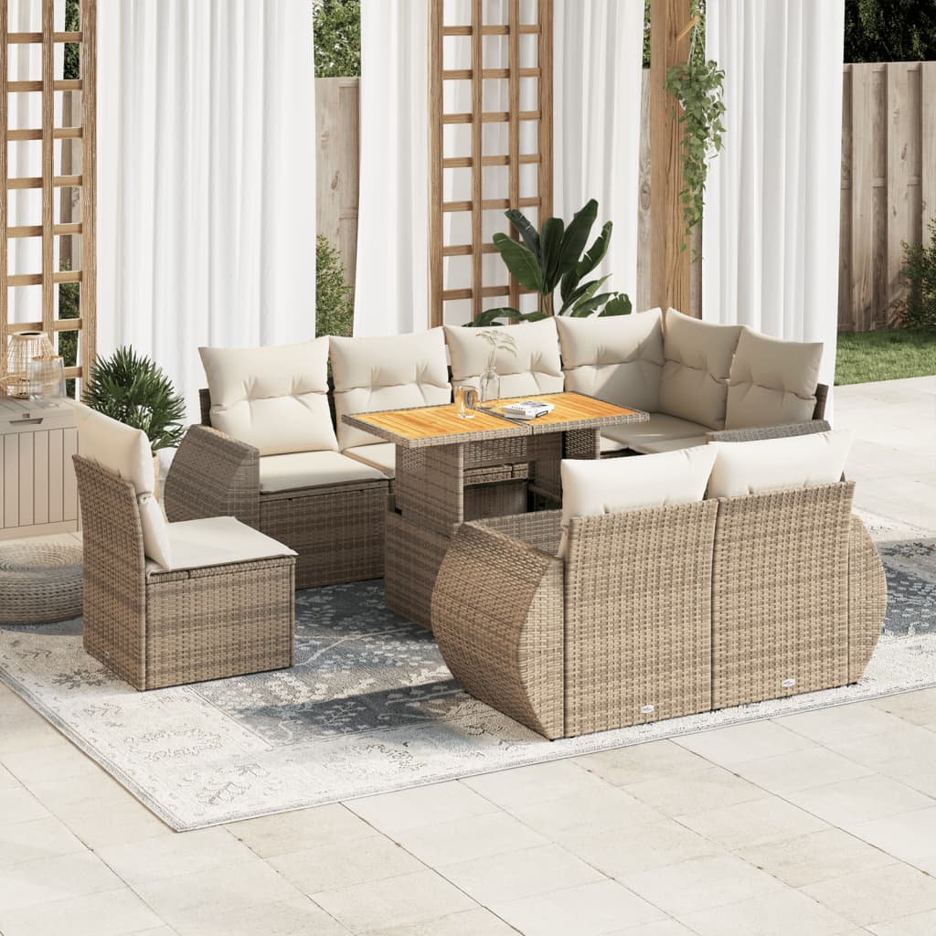 Salon de jardin avec coussins 9 pcs beige résine tressée