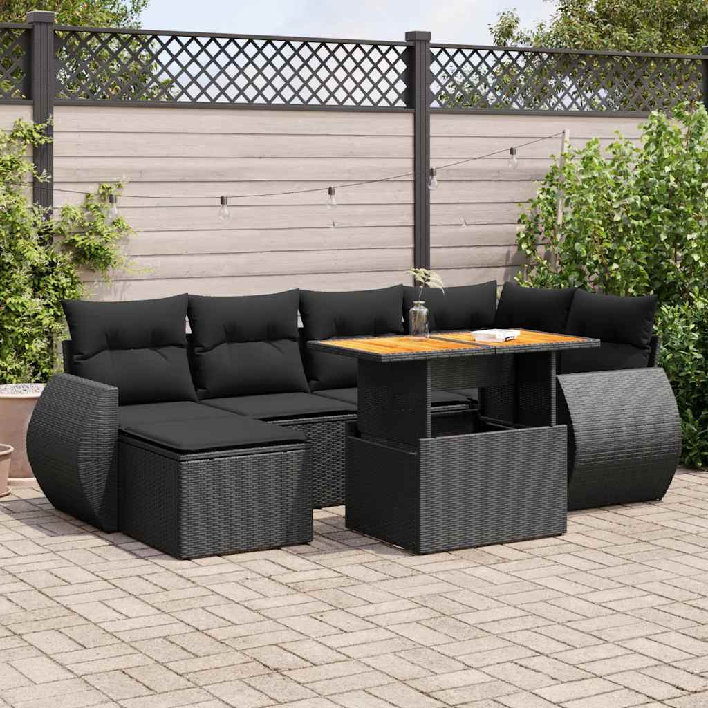 Salon de jardin 7 pcs avec coussins noir résine tressée